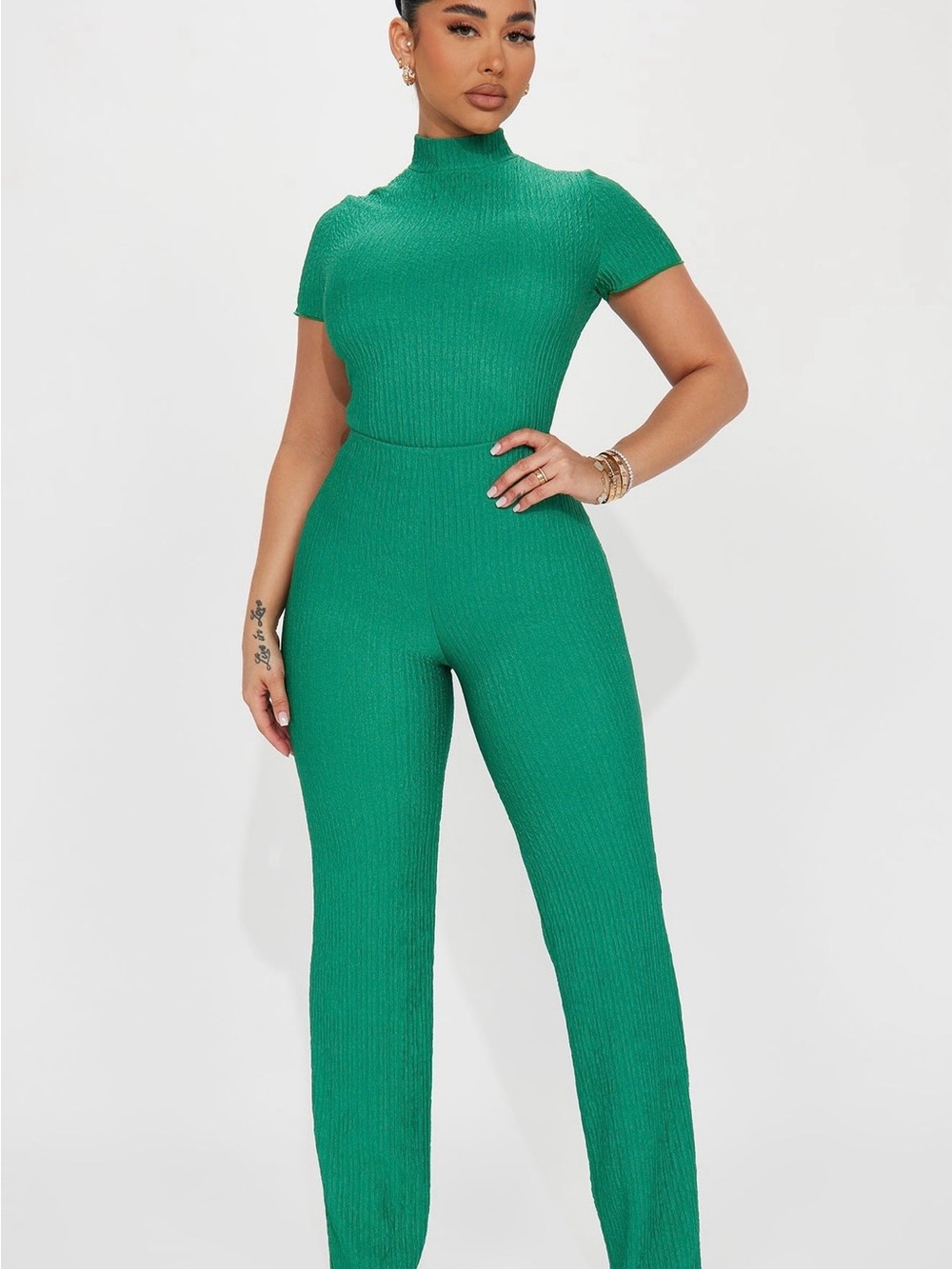 Fashion Nova Emerald Green Ribbed Mock Neck Jumpsuit